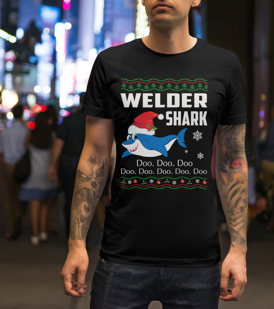 WELDER SHARK Doo Doo Doo Christmas Santa Hat Snowflakes T-Shirt