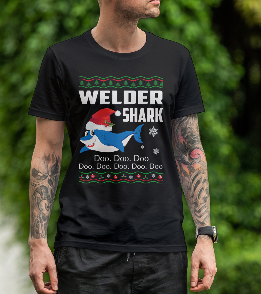 WELDER SHARK Doo Doo Doo Christmas Santa Hat Snowflakes T-Shirt