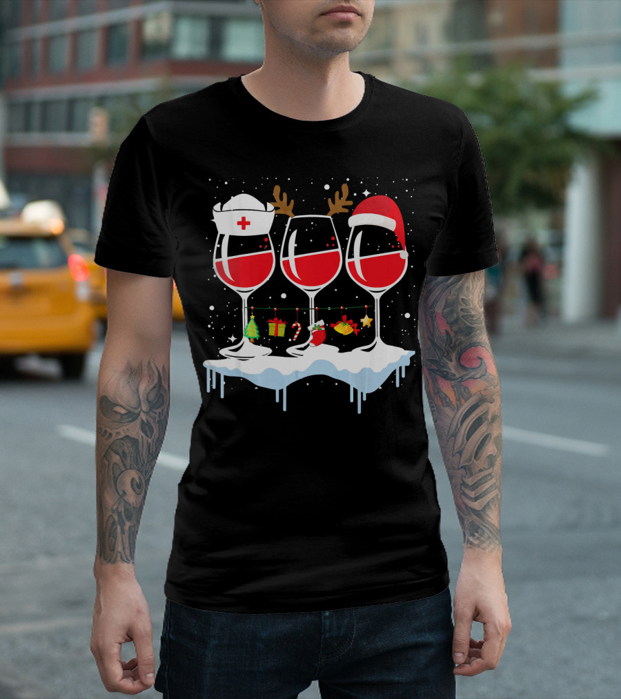 Nurse Christmas Wine Glasses with Holiday Lights and Funny Decorations T-Shirt