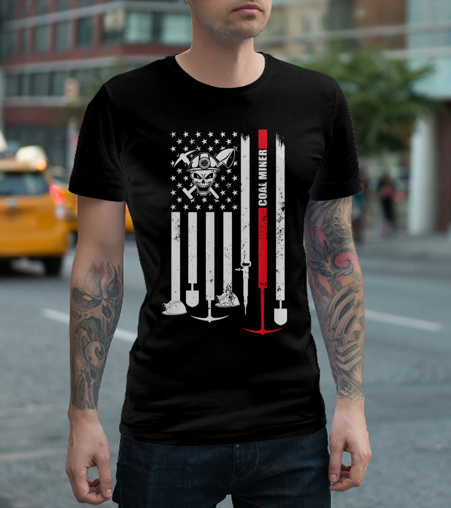 Vintage USA Coal Miner Skull And Tools American Flag T-Shirt