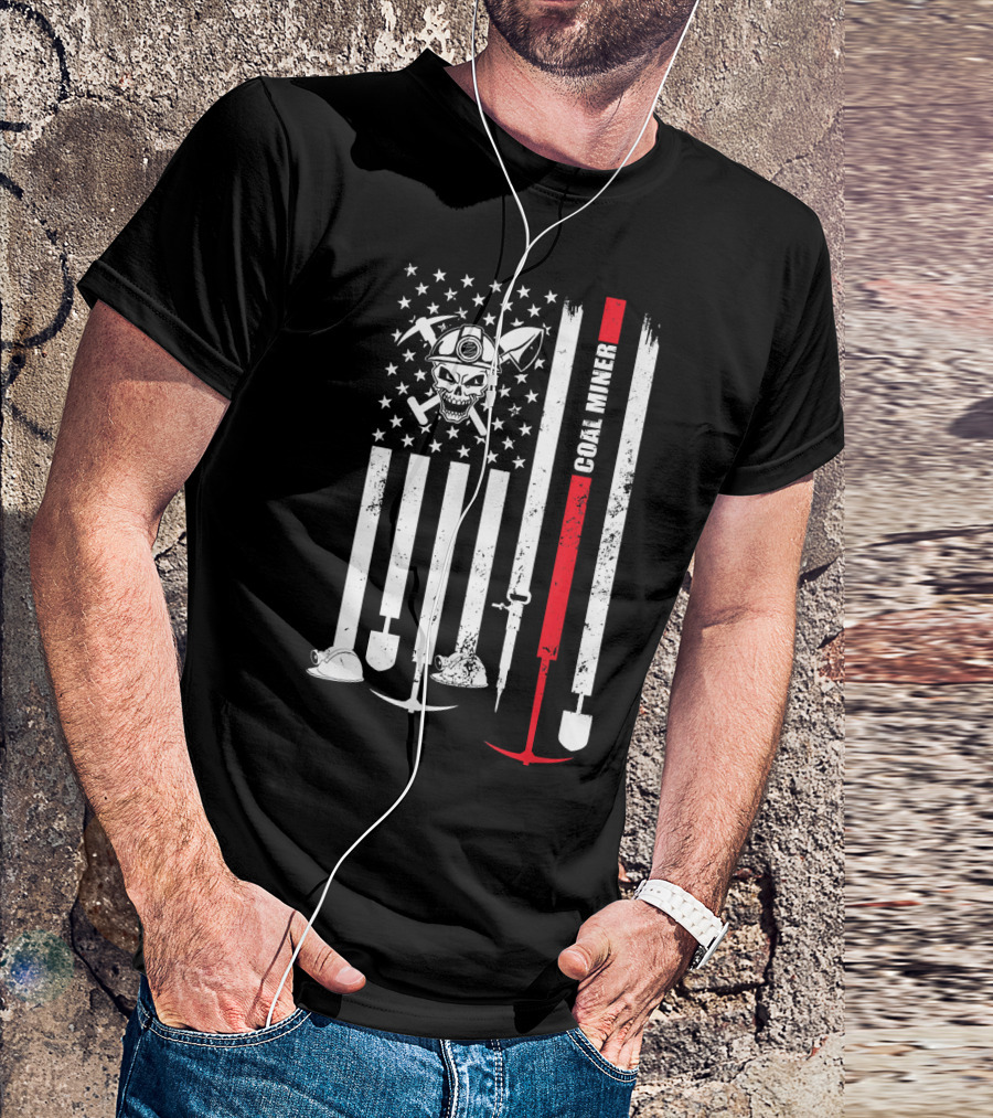 Vintage USA Coal Miner Skull And Tools American Flag T-Shirt