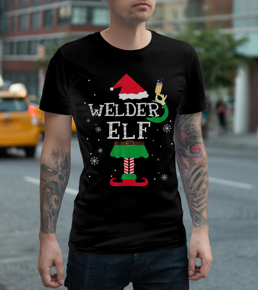 Welder Elf Christmas Hat Snowflakes Beer Cheers T-Shirt