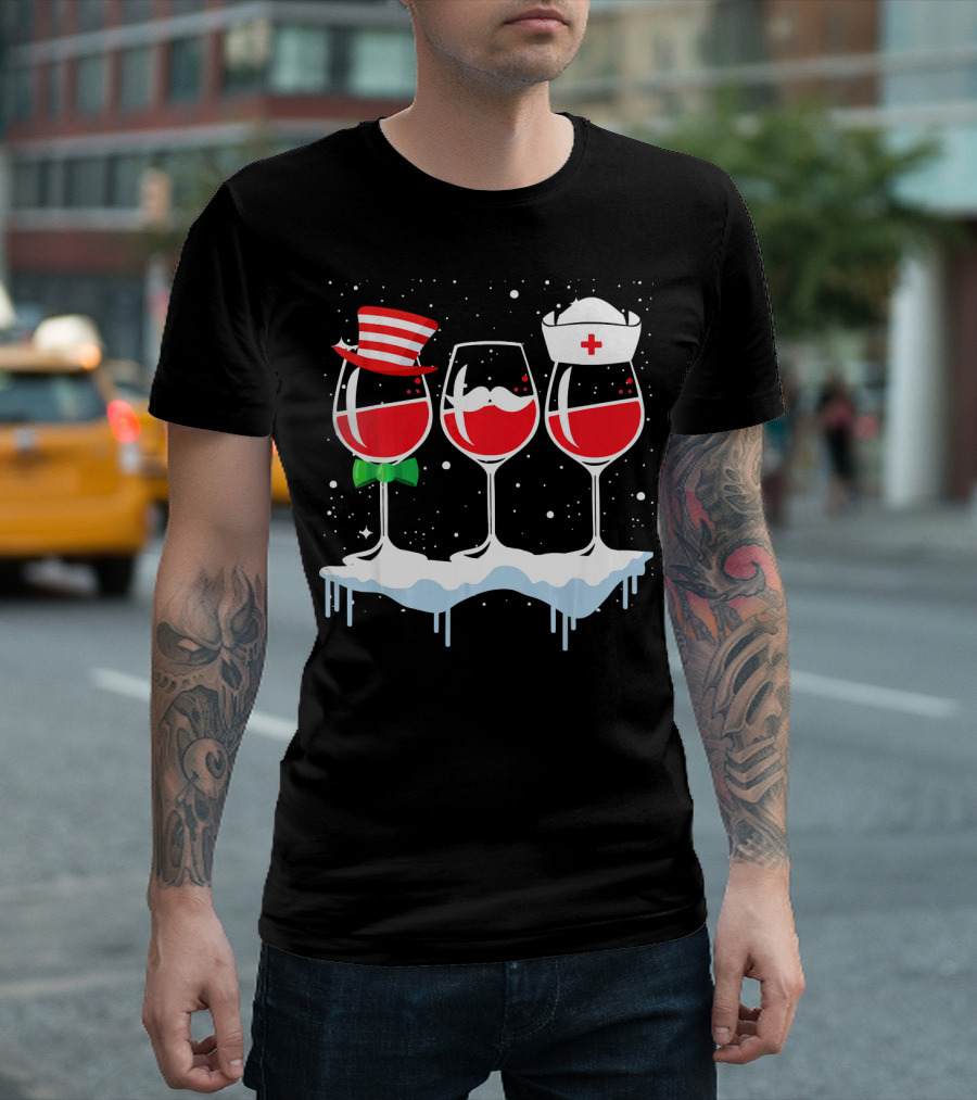 Three Wine Glasses Christmas Lights Red Hat Nurse Snowflakes T-Shirt