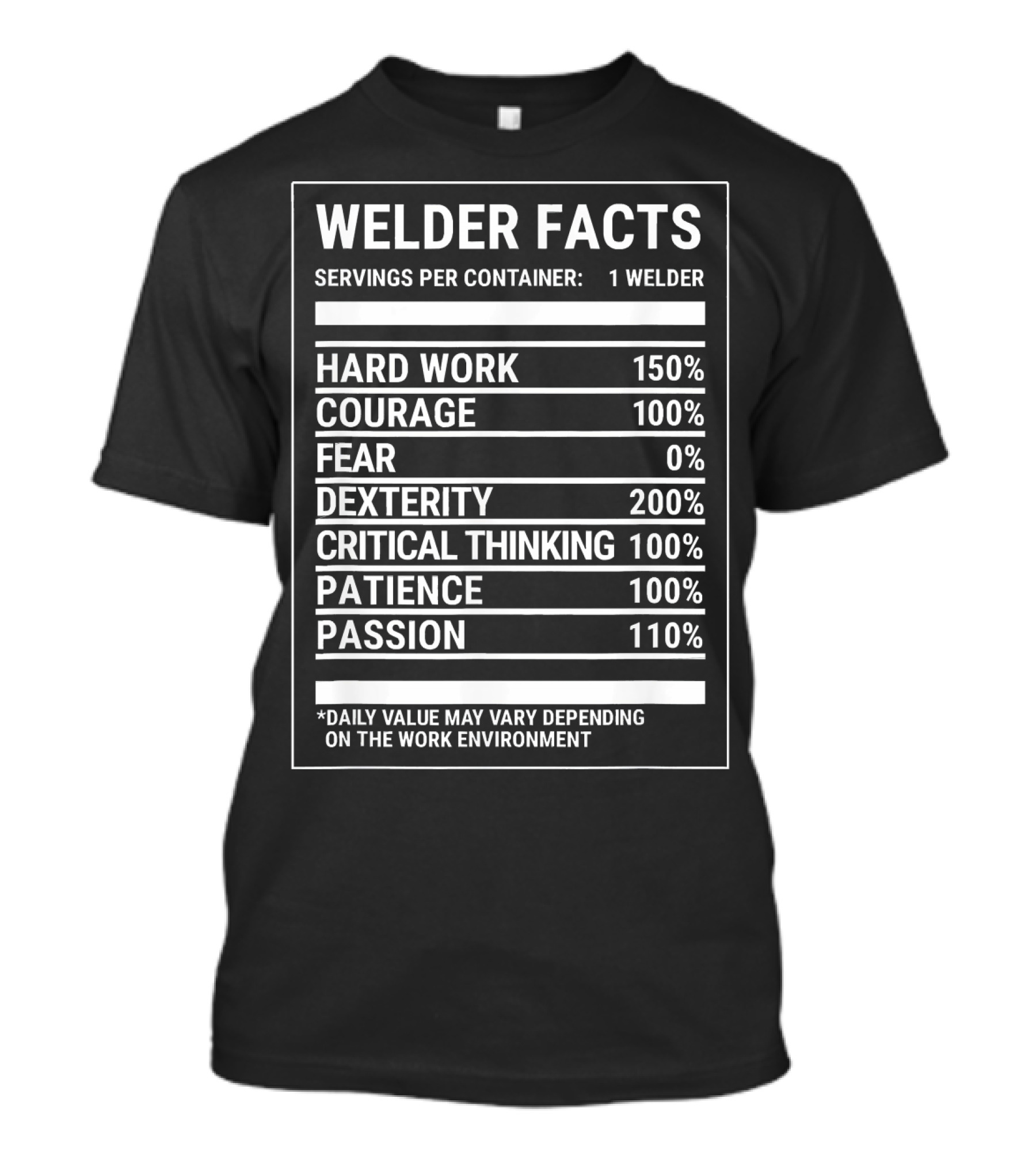 Welder Facts Servings Hard Work Courage Fear Dexterity Critical Thinking Patience Passion T-Shirt