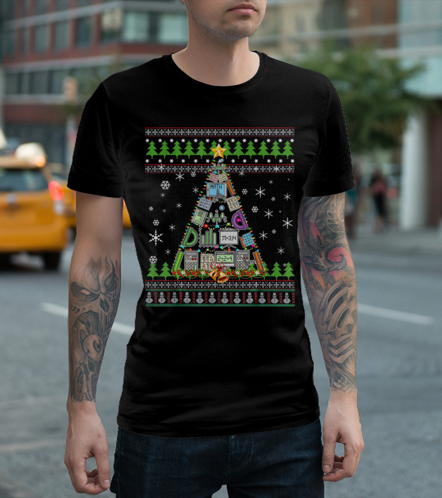 Christmas Tree Math Teacher Sweater with Calculators, Pi Symbols, Geometry Tools, and Winter Holiday T-Shirt