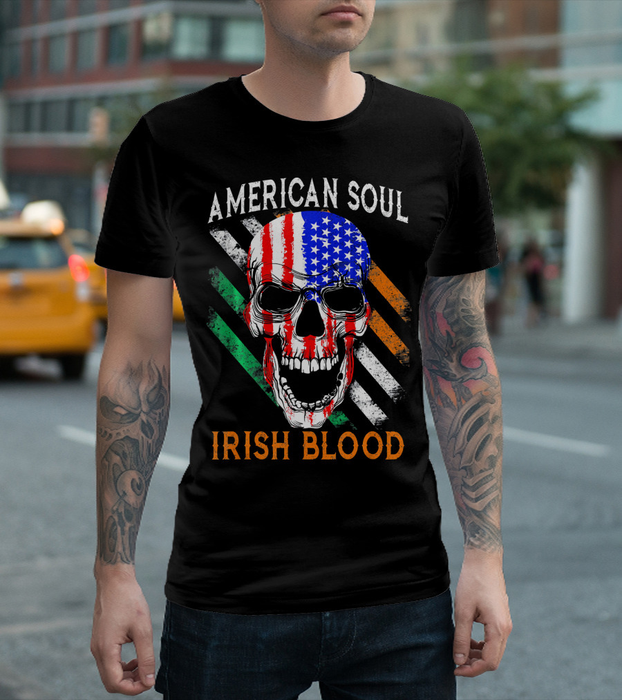 American Soul Irish Blood Skull With Flag Stripes T-Shirt