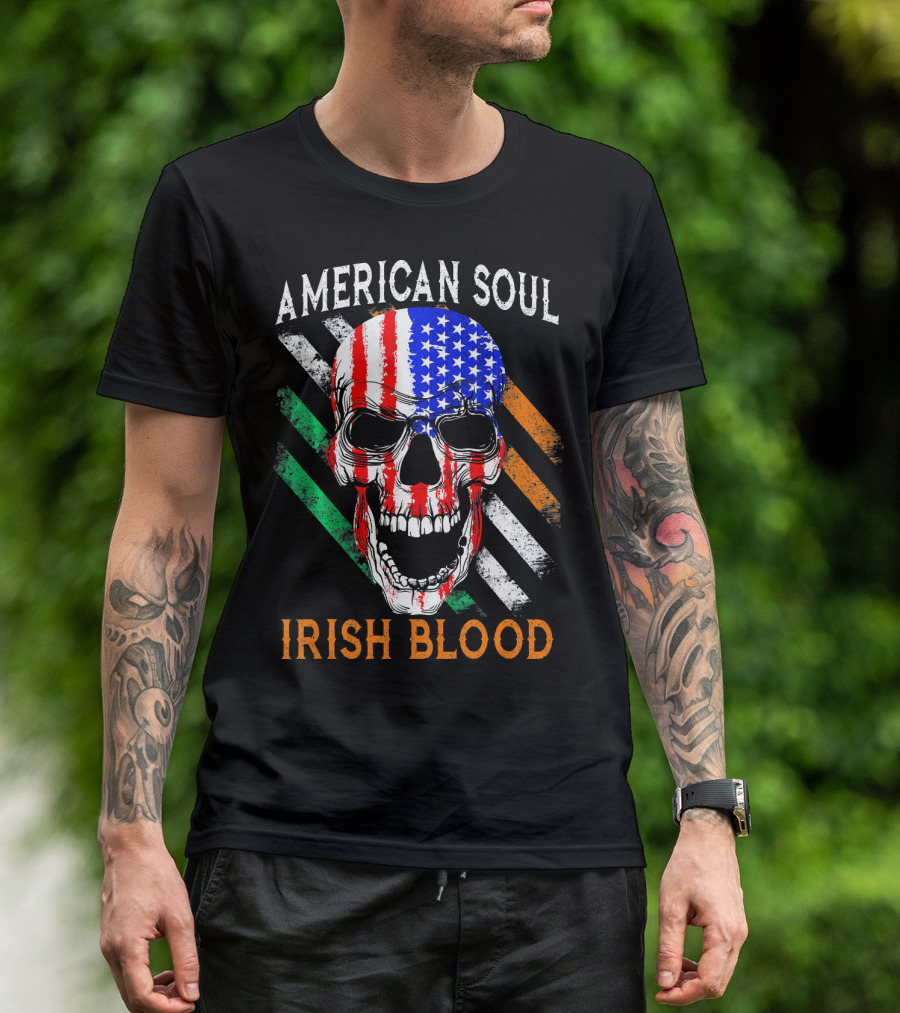 American Soul Irish Blood Skull With Flag Stripes T-Shirt