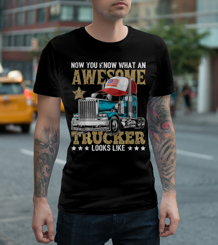 Now You Know What an Awesome Trucker Looks Like American Flag Truck Driv T-Shirt