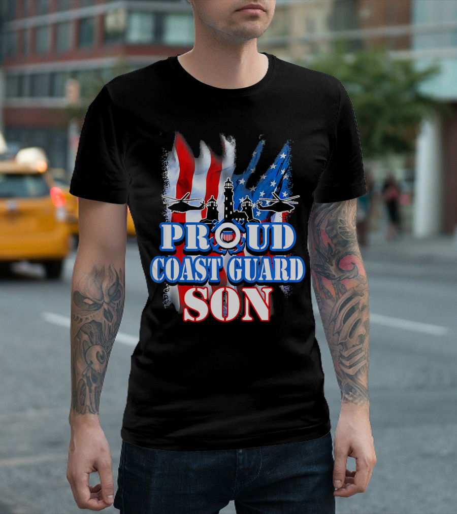 Proud Coast Guard Son USA Flag Helicopters Lighthouse T-Shirt