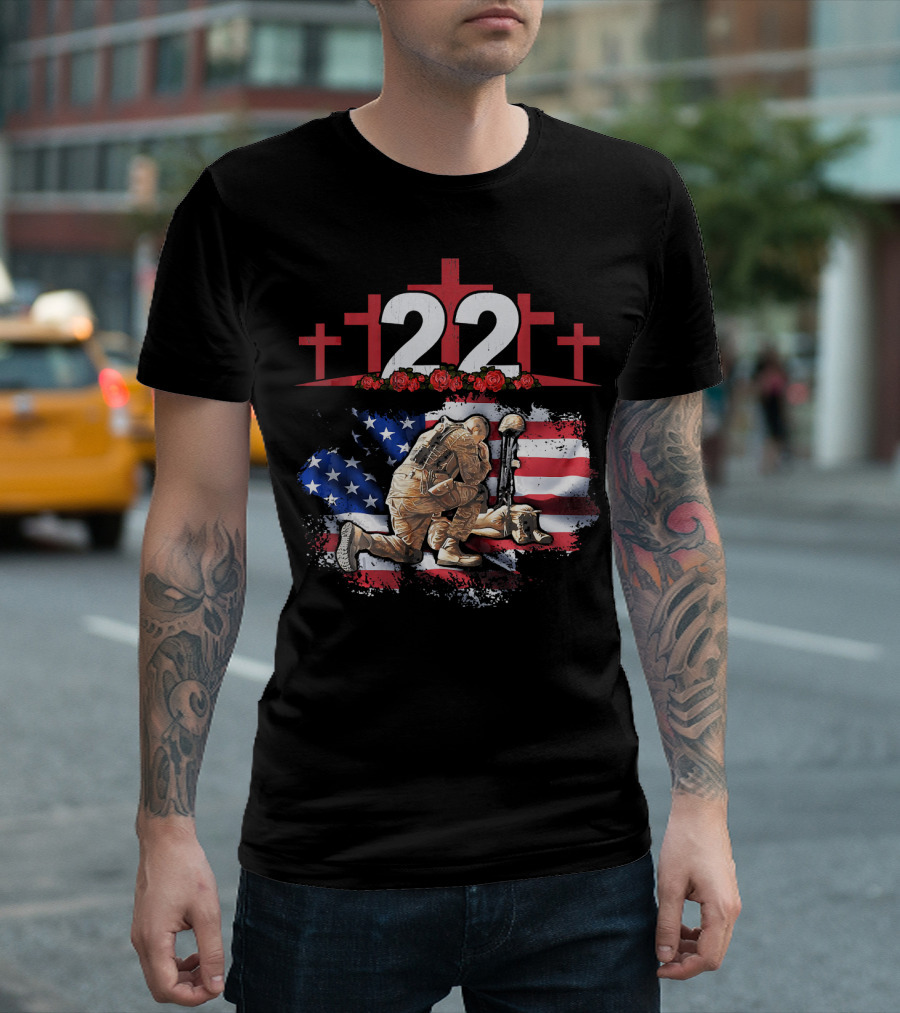22 Each Day Soldier Veteran PTSD Awareness Flag Cross Roses T-Shirt