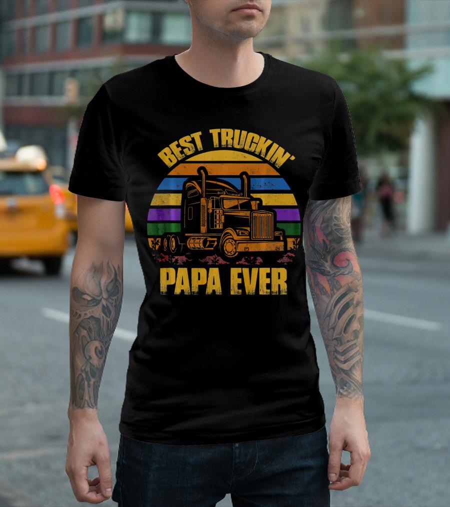 Best Truckin' Papa Ever Truck Driver Retro Sunset T-Shirt