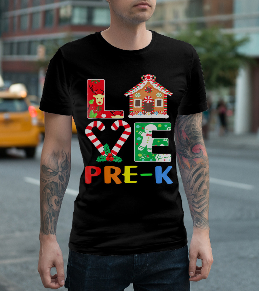 Love Pre K Candy Cane Heart Gingerbread Christmas T-Shirt
