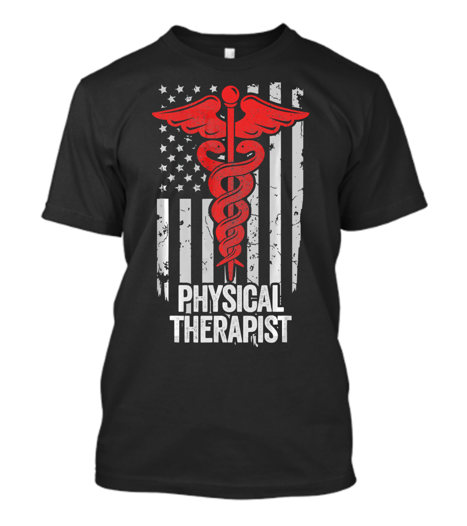 Veteran American Flag Physical Therapist Caduceus Emblem T-Shirt