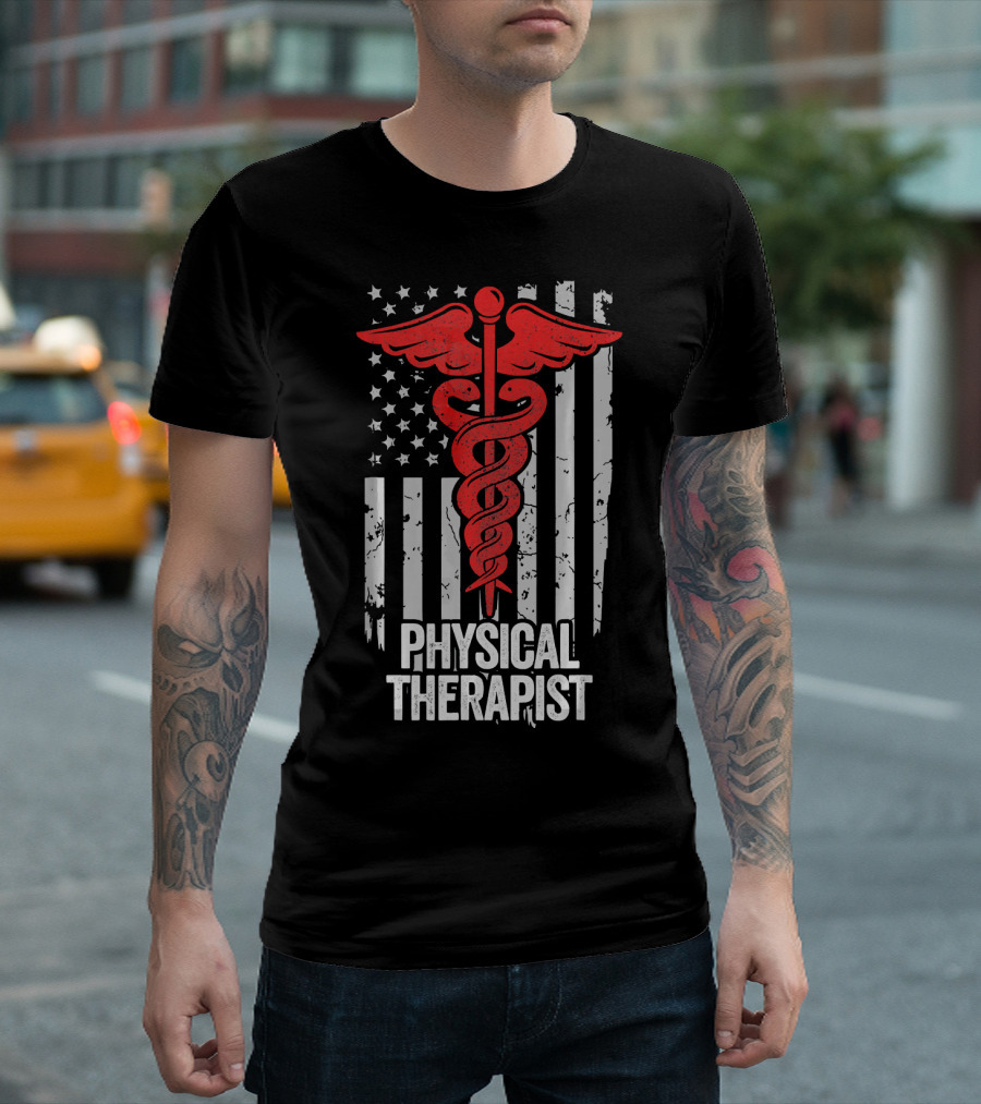 Veteran American Flag Physical Therapist Caduceus Emblem T-Shirt
