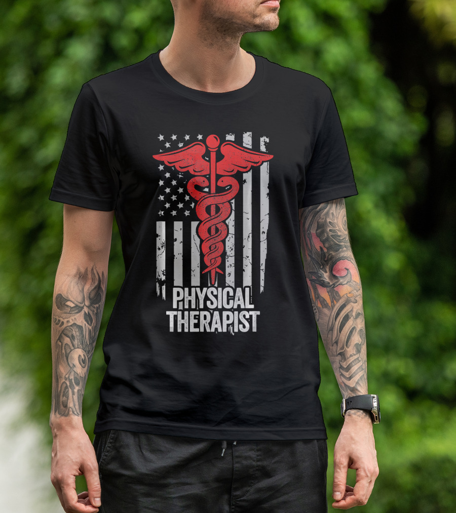 Veteran American Flag Physical Therapist Caduceus Emblem T-Shirt