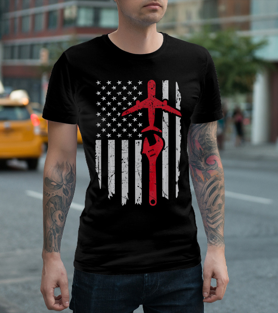 American Pride Airplane Mechanic Aviation Technic Wrench Flag T-Shirt