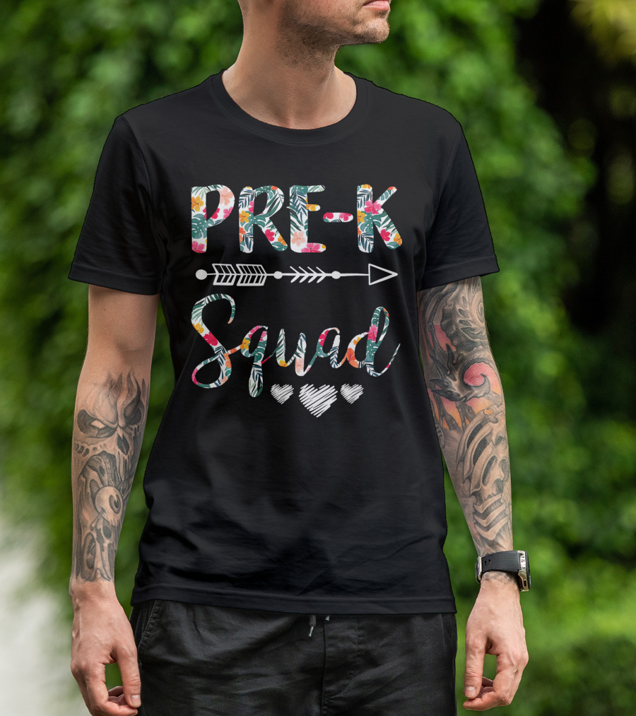 Pre-K Squad Teacher Preschool Arrow Hearts Floral T-Shirt