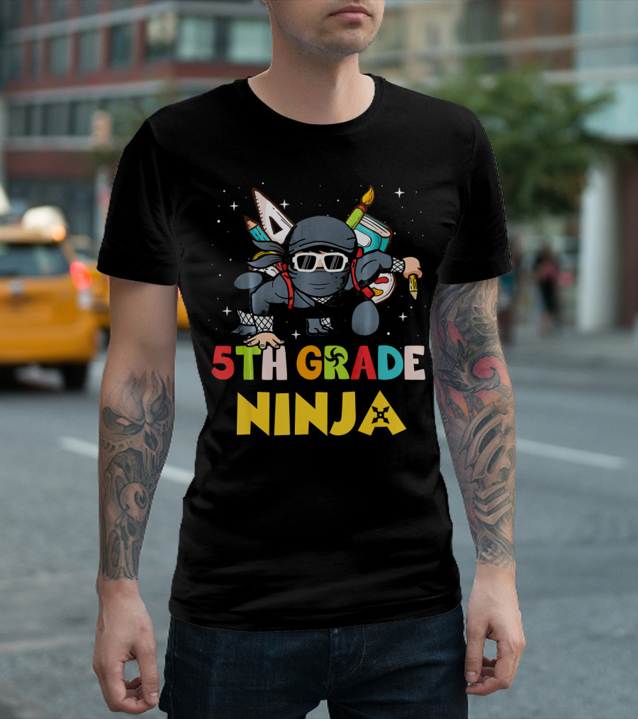 5th Grade Ninja Back To School First Day Adventure With Books And Pencil T-Shirt