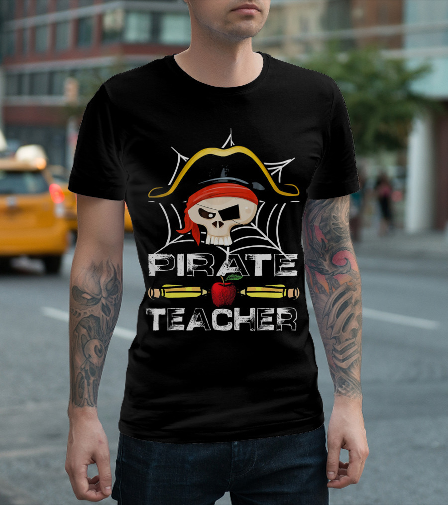 Pirate Teacher Skull Hat Red Bandana Cool Pencils Apple T-Shirt