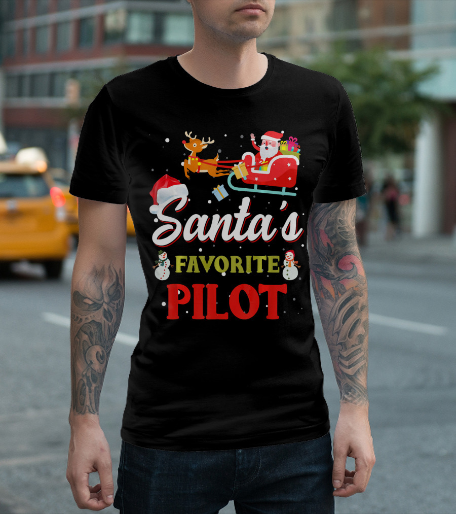 Santa's Favorite Pilot Flying with Reindeer and Gifts T-Shirt