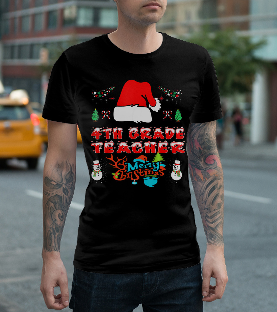 4th Grade Teacher Merry Christmas Santa Snowmen Candy Canes T-Shirt