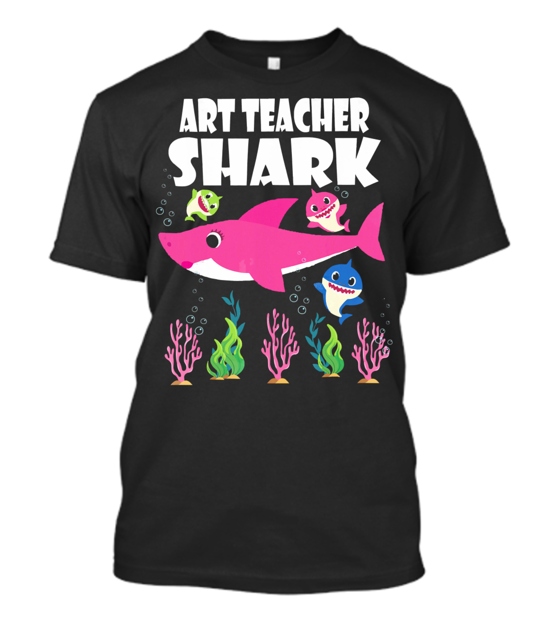 Art Teacher Shark With Baby Sharks And Colorful Sea Plants T-Shirt