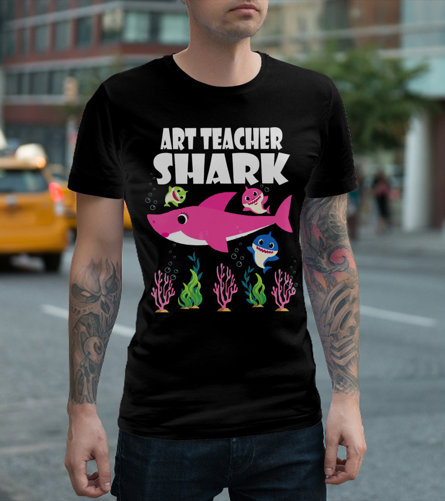 Art Teacher Shark With Baby Sharks And Colorful Sea Plants T-Shirt