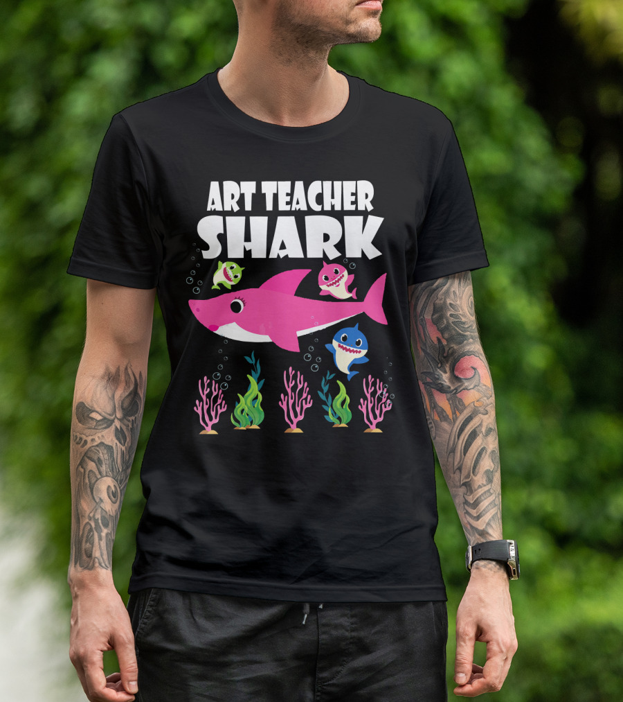 Art Teacher Shark With Baby Sharks And Colorful Sea Plants T-Shirt