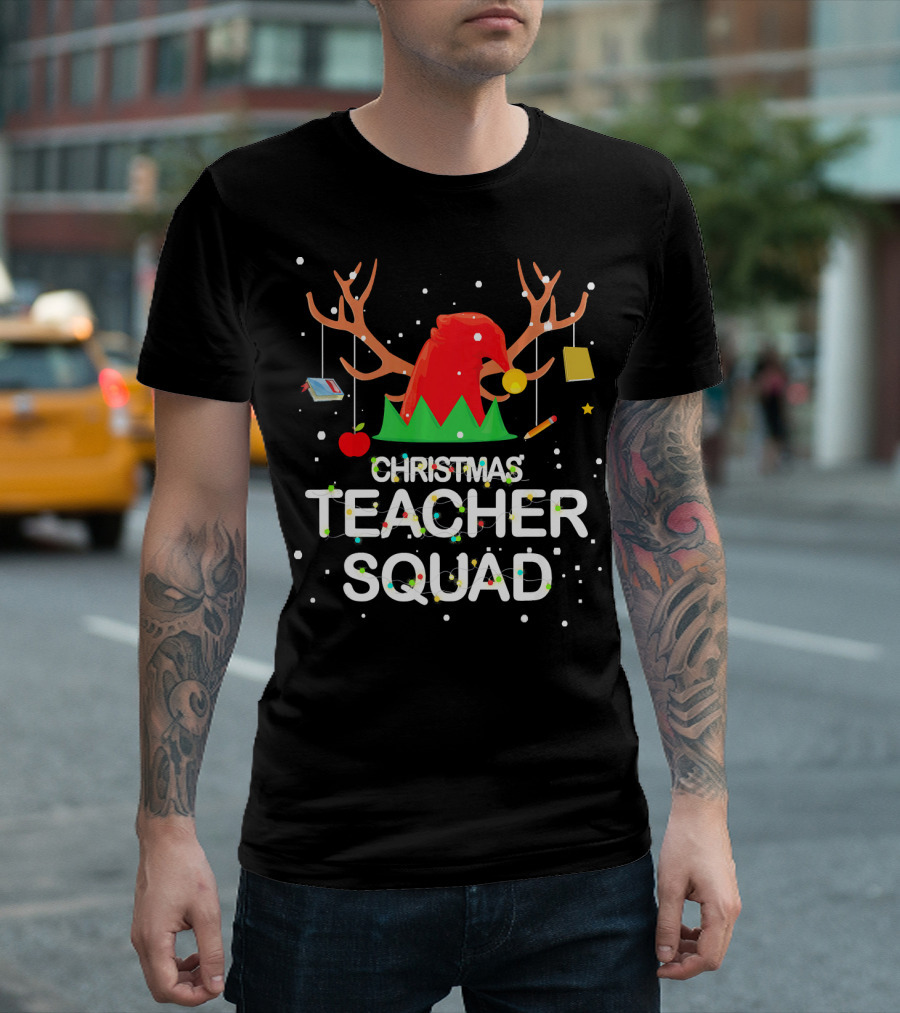 Christmas Teacher Squad Elf Antlers Apple Pencil Books Snowflakes T-Shirt