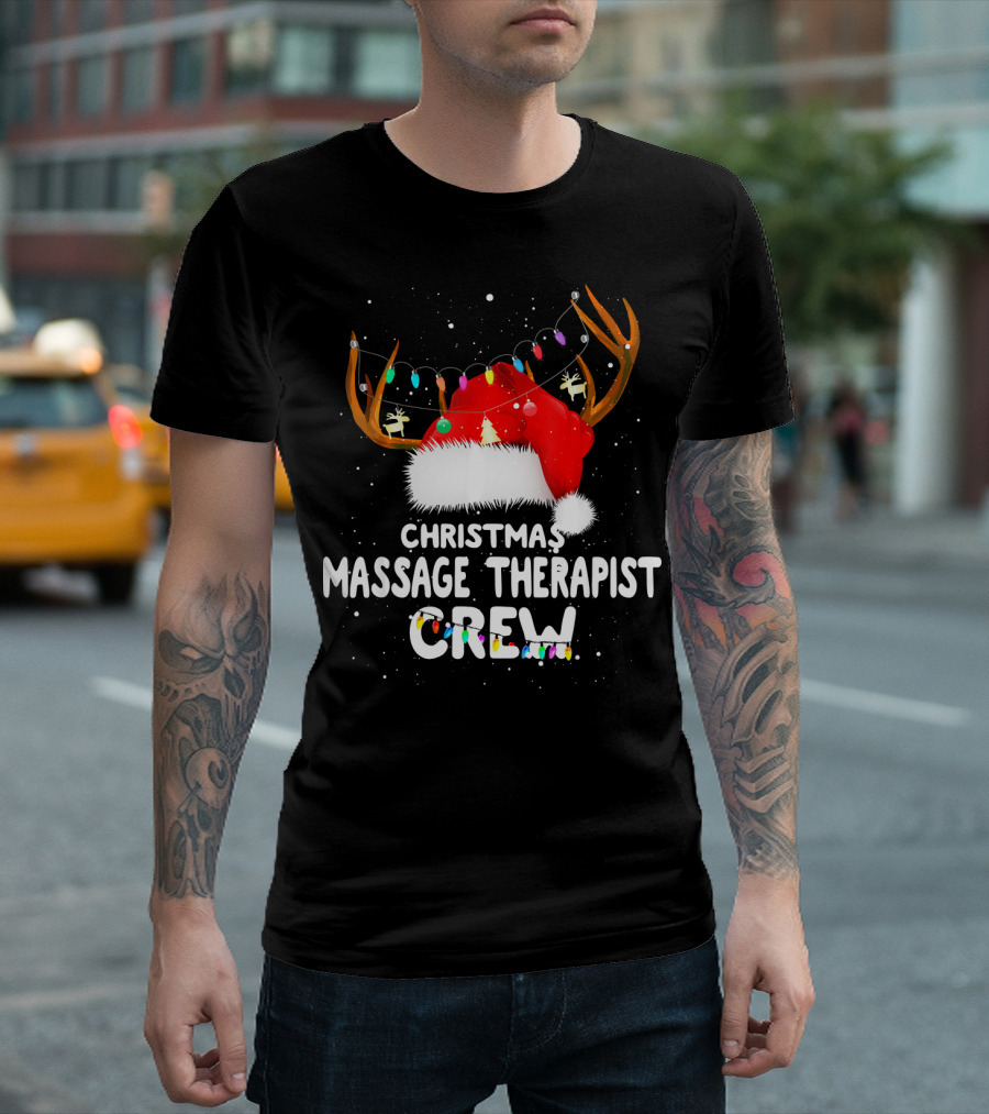 Christmas Massage Therapist Crew Santa Hat Reindeer Lights T-Shirt