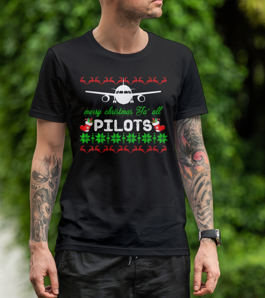 Merry Christmas Ya' All Pilots Airplane Reindeer Holiday T-Shirt