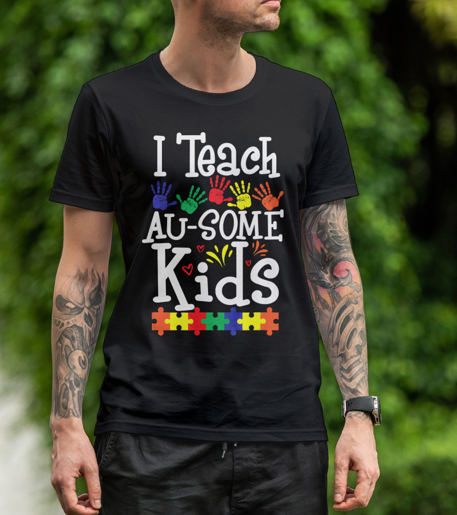 I Teach Au-Some Kids Rainbow Puzzle Pieces Handprints T-Shirt