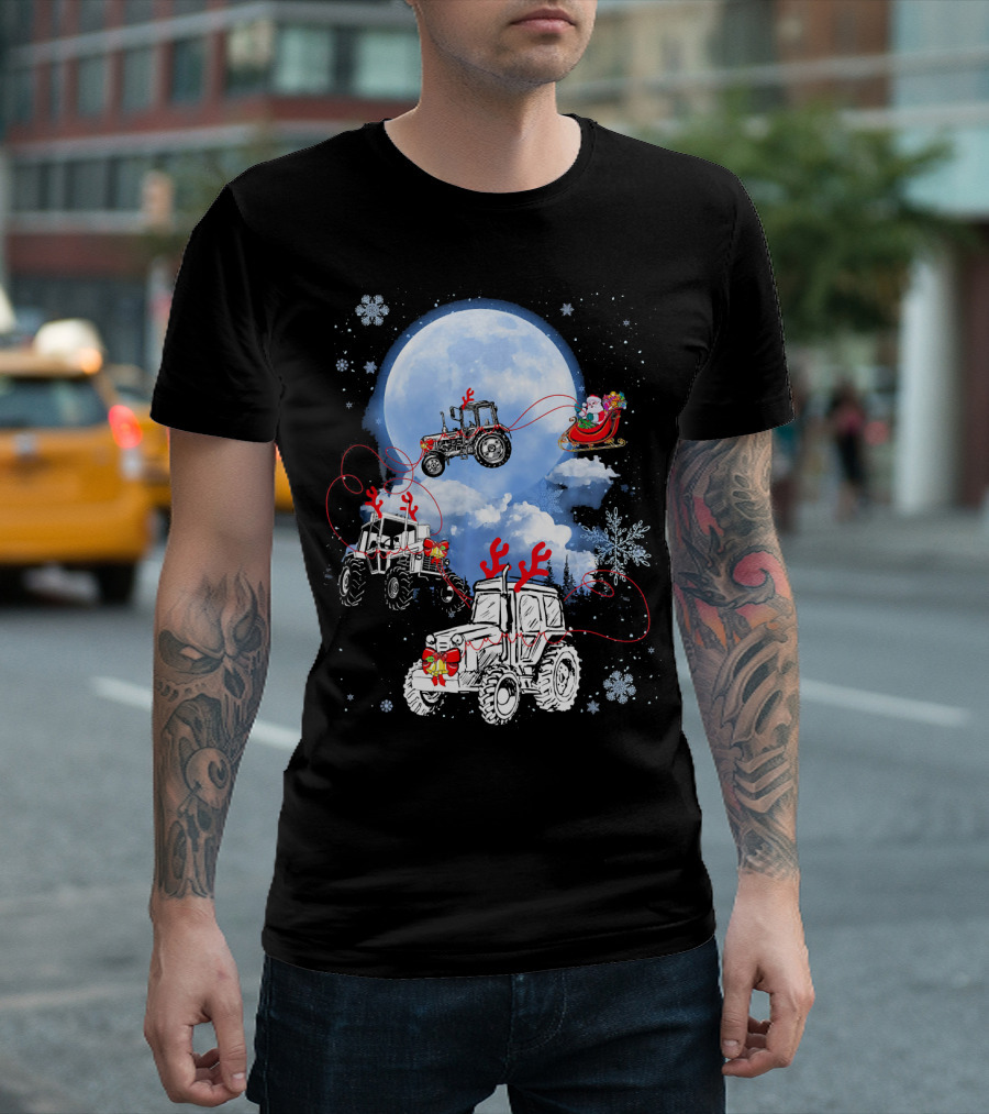 Funny Santa with Trucker Sleigh and Blue Moon Christmas Scene T-Shirt