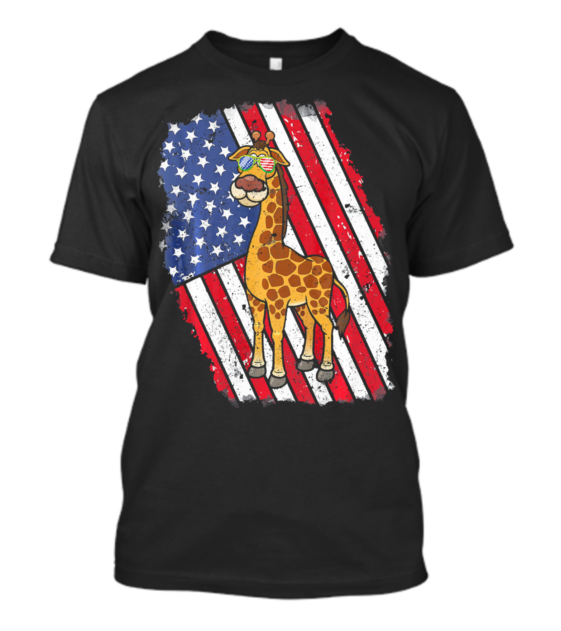 Giraffe With American Flag Sunglasses And Stars And Stripes Background T-Shirt