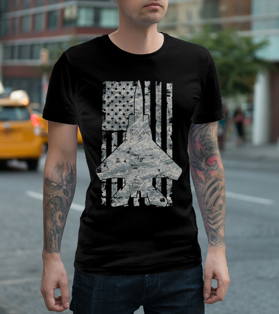 F 15 Eagle Jet Airplane American Flag ABU Camouflage T-Shirt