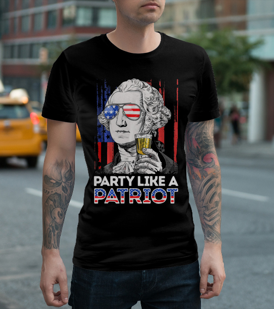 George Washington Party Like A Patriot American Flag Sunglasses And Beer T-Shirt