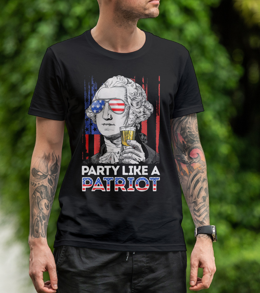 George Washington Party Like A Patriot American Flag Sunglasses And Beer T-Shirt