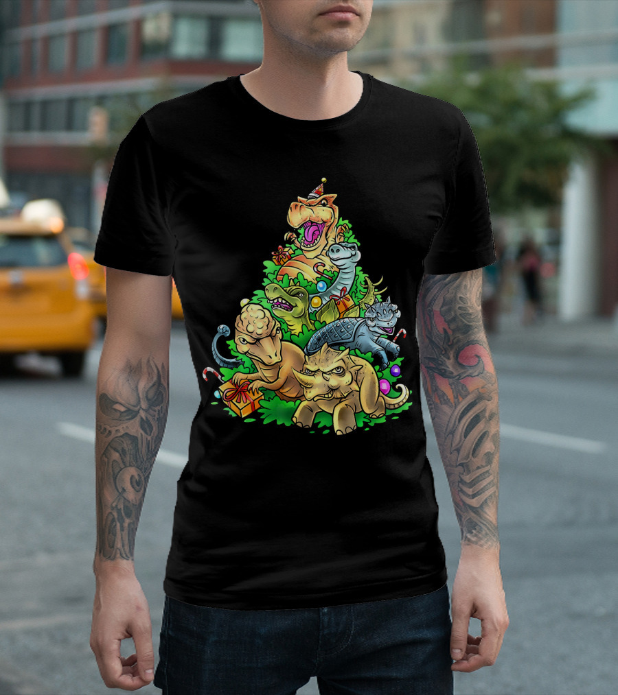 Festive Dinosaur Christmas Tree with Candy Canes and Holiday Decorations T-Shirt