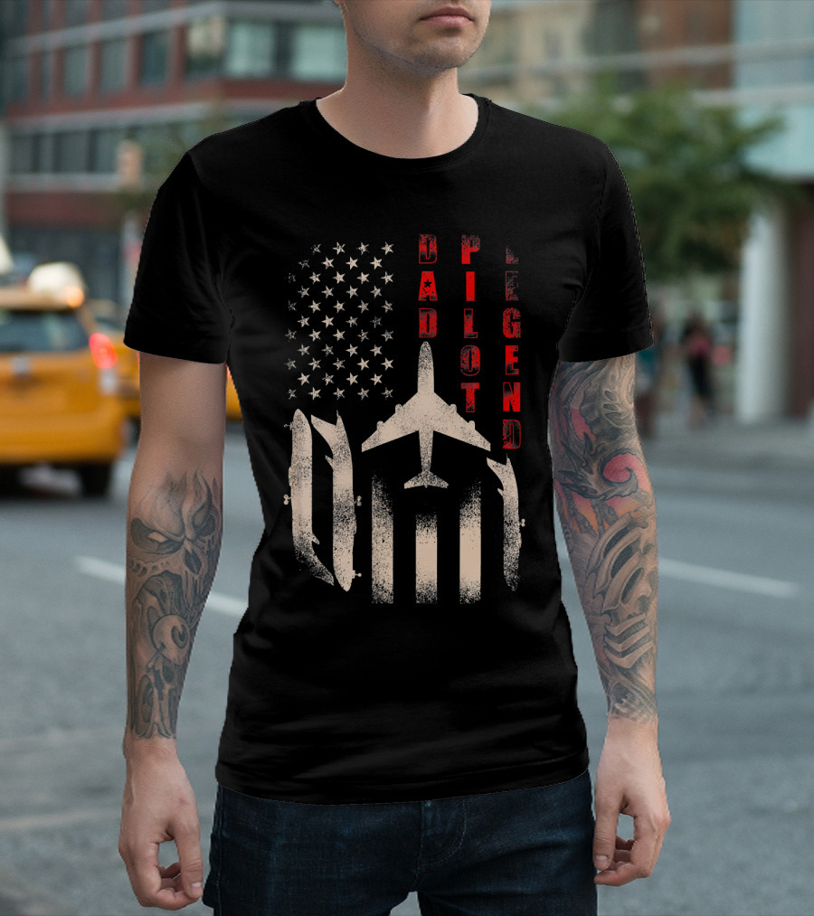 Dad Pilot Legend Distressed American Flag Airplane T-Shirt