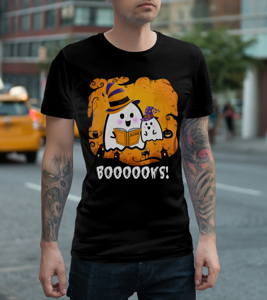 Funny Teacher Halloween Ghost Booooooks With Witch Hat On Spooky Night T-Shirt