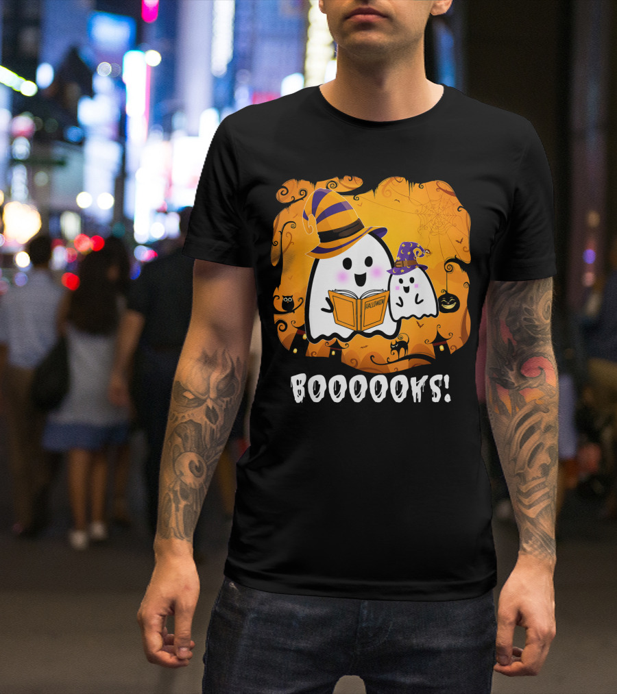 Funny Teacher Halloween Ghost Booooooks With Witch Hat On Spooky Night T-Shirt