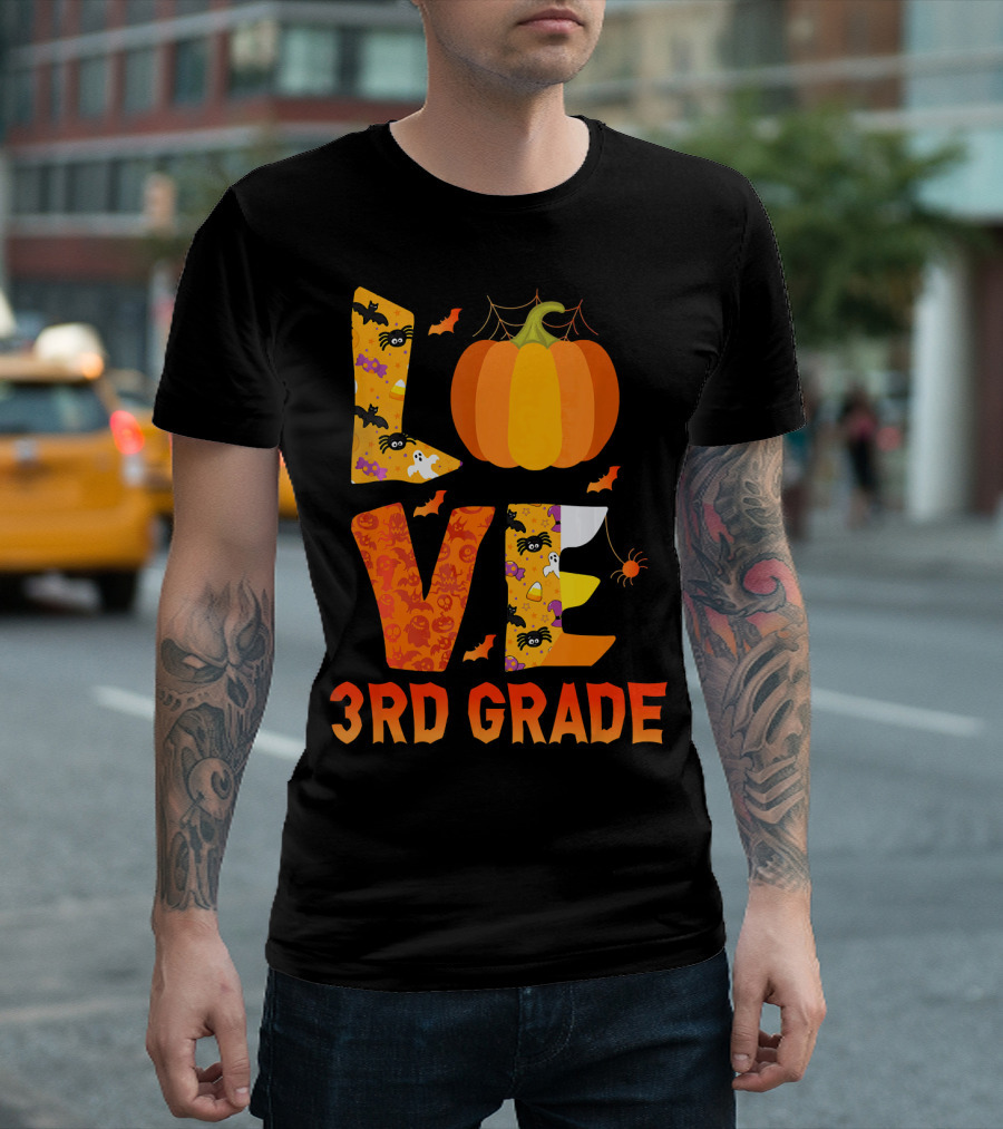 Love 3rd Grade Pumpkin Halloween Spider Ghost Bat T-Shirt