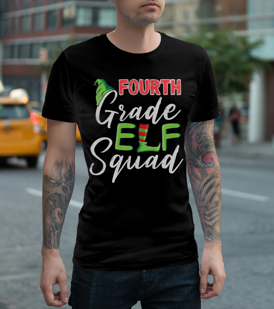 Fourth Grade Elf Squad Christmas Hat And Shoe T-Shirt