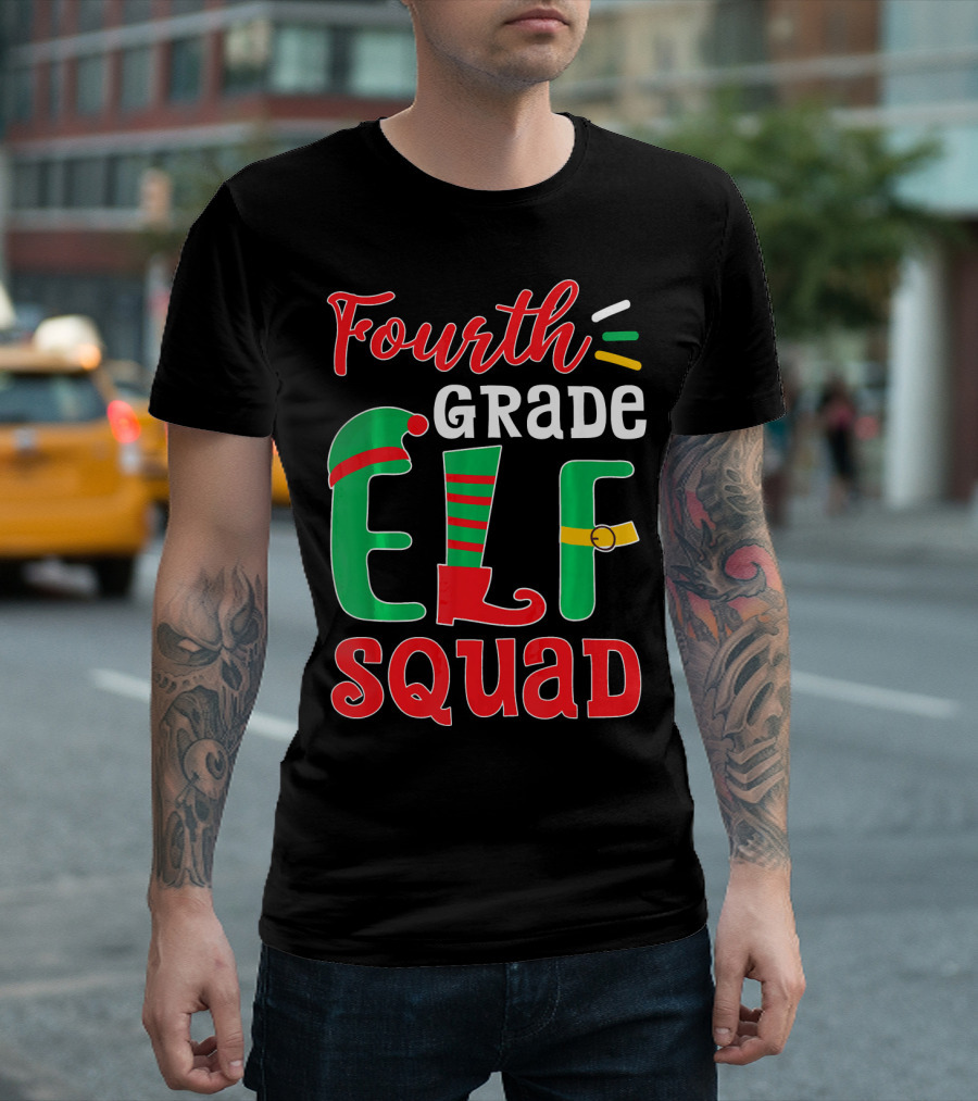 Fourth Grade Elf Squad Teacher Christmas Text Holiday T-Shirt