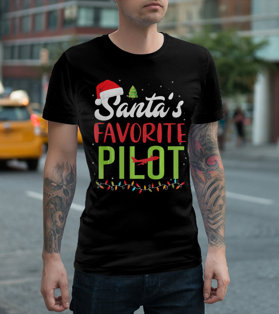 Santa's Favorite Pilot Christmas Lights Airplane Santa Hat T-Shirt