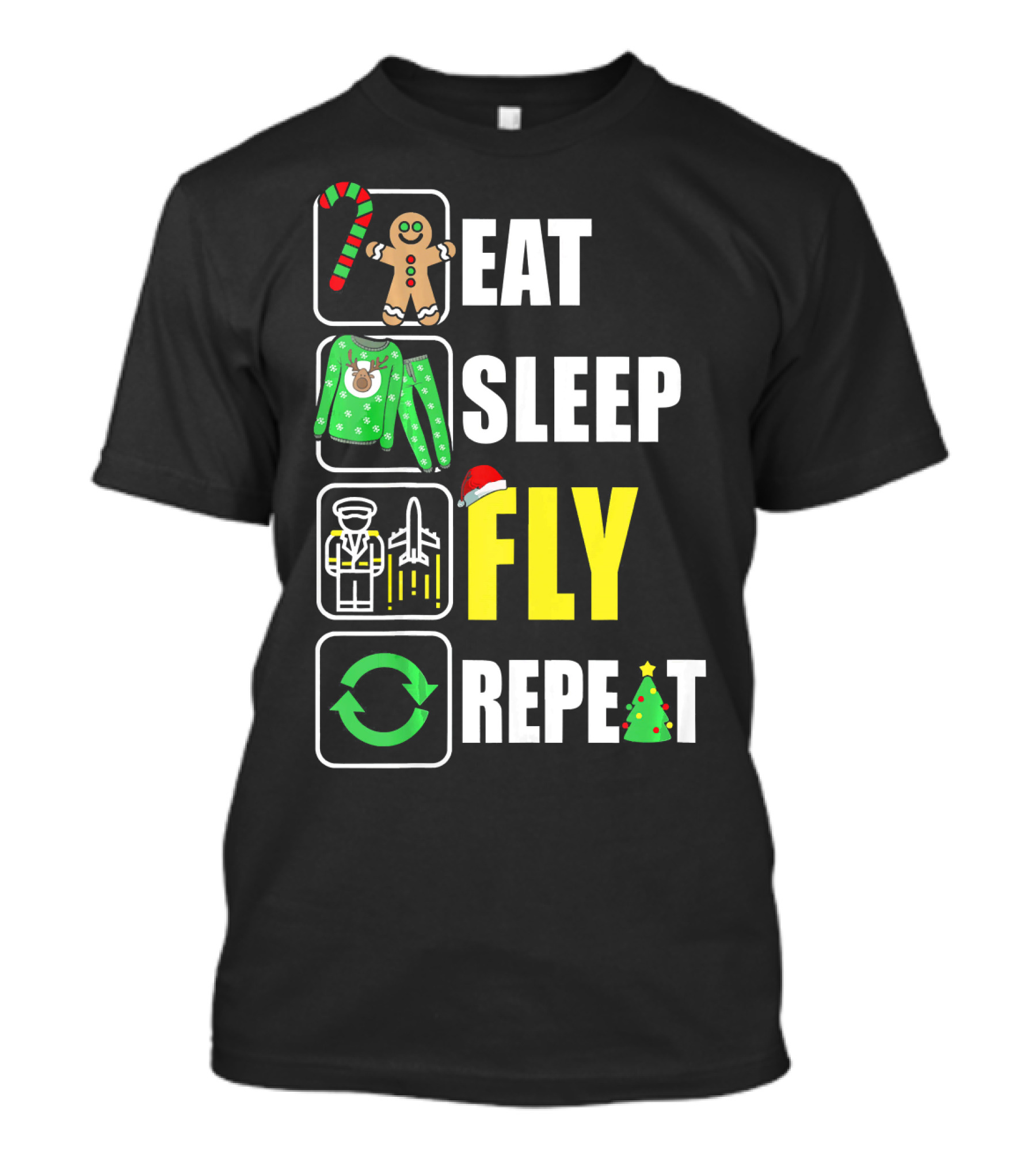 Eat Sleep Fly Repeat Christmas Pilot Gingerbread Candy Cane Santa Hat Holiday T-Shirt