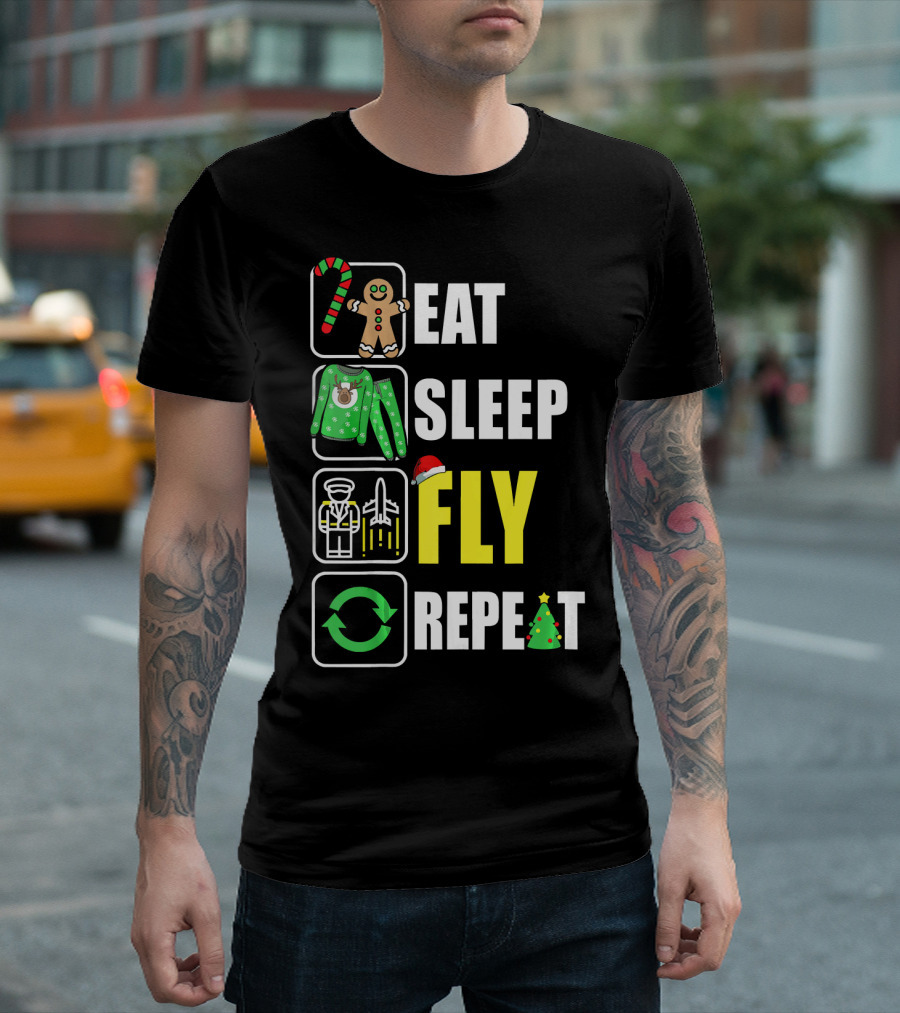 Eat Sleep Fly Repeat Christmas Pilot Gingerbread Candy Cane Santa Hat Holiday T-Shirt