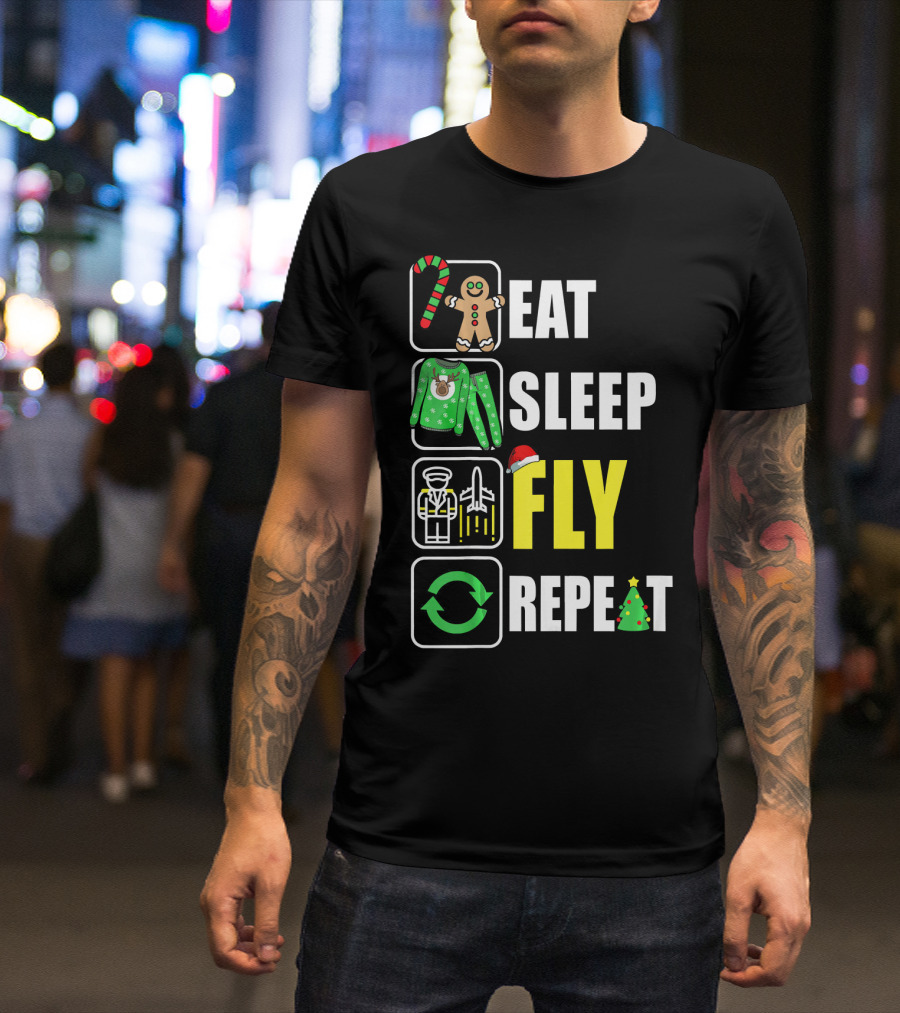 Eat Sleep Fly Repeat Christmas Pilot Gingerbread Candy Cane Santa Hat Holiday T-Shirt