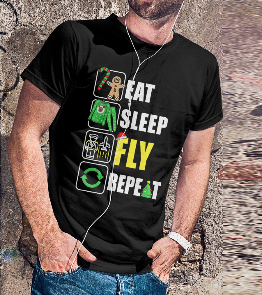 Eat Sleep Fly Repeat Christmas Pilot Gingerbread Candy Cane Santa Hat Holiday T-Shirt