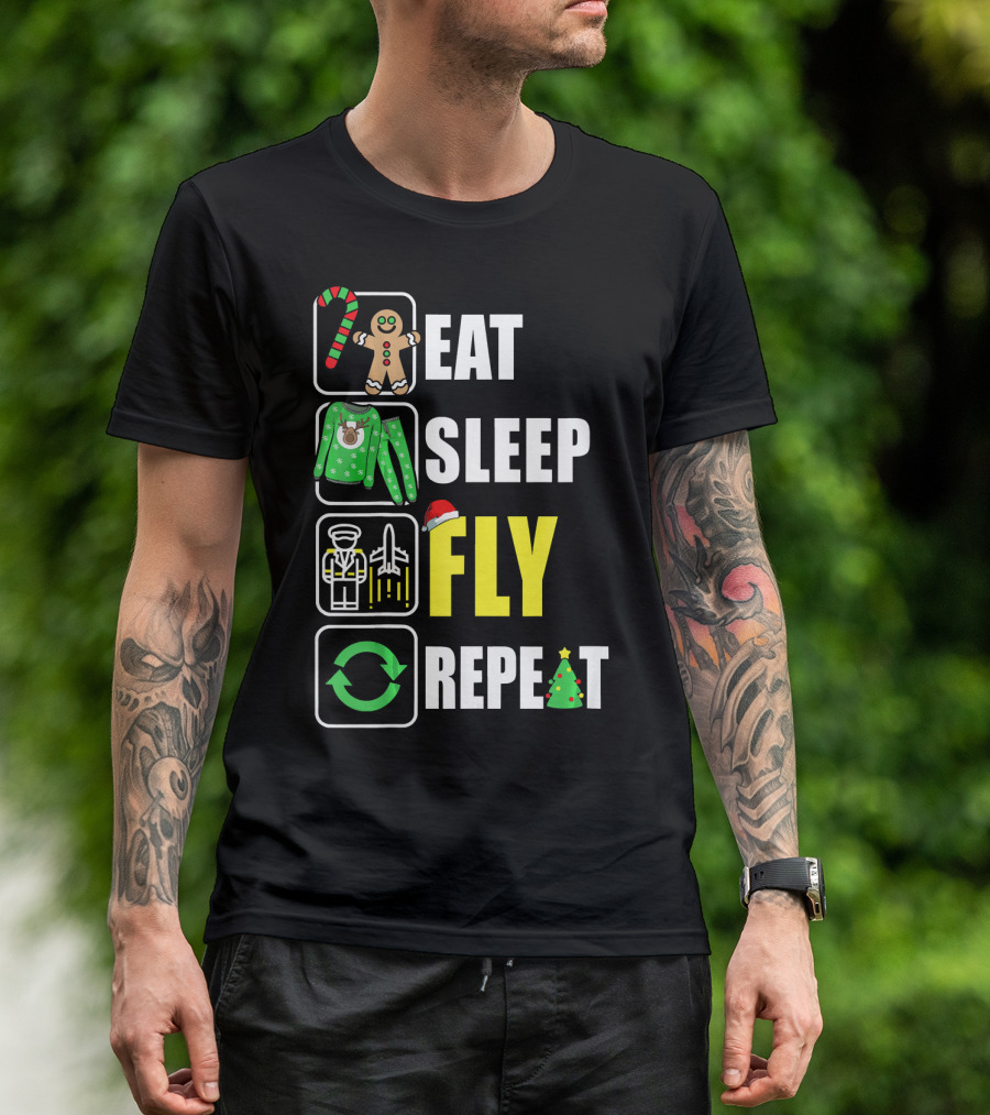 Eat Sleep Fly Repeat Christmas Pilot Gingerbread Candy Cane Santa Hat Holiday T-Shirt